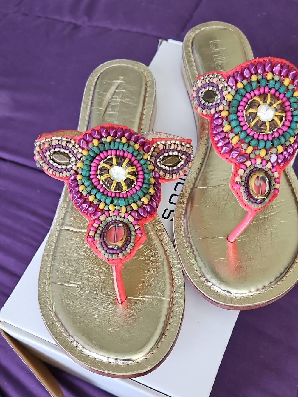 Chico's Gold Sandal with Pink and Multicolor Beading